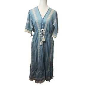 Tamia Midi Dress Size M Peasant Prairie Cottagecore Blue White Lace Boho Chic